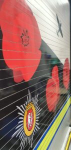 Close up view of a roller shutter with graphic applied