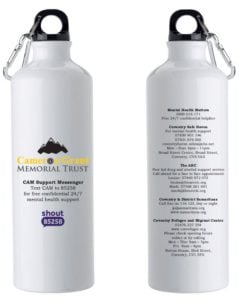 CGMT branded white water bottle used in their latest campaign. Promotional merchandise used to save lives